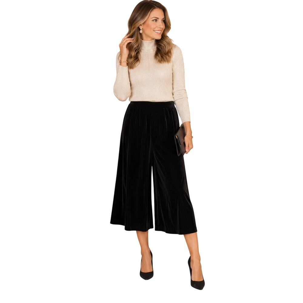 Pantology Black Velvet Culottes Wide Leg Crop Pants Women’s Large